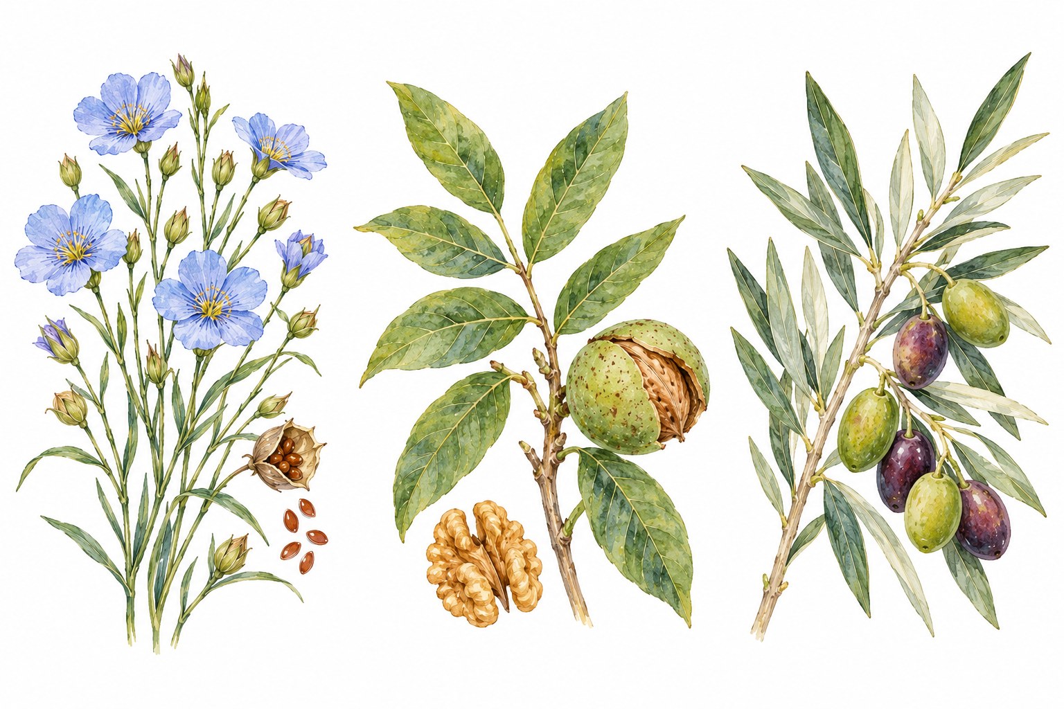 Watercolour illustration of three botanical specimens: flax in flower with seeds, a walnut branch with a husked walnut and kernel, and an olive branch with green and purple olives