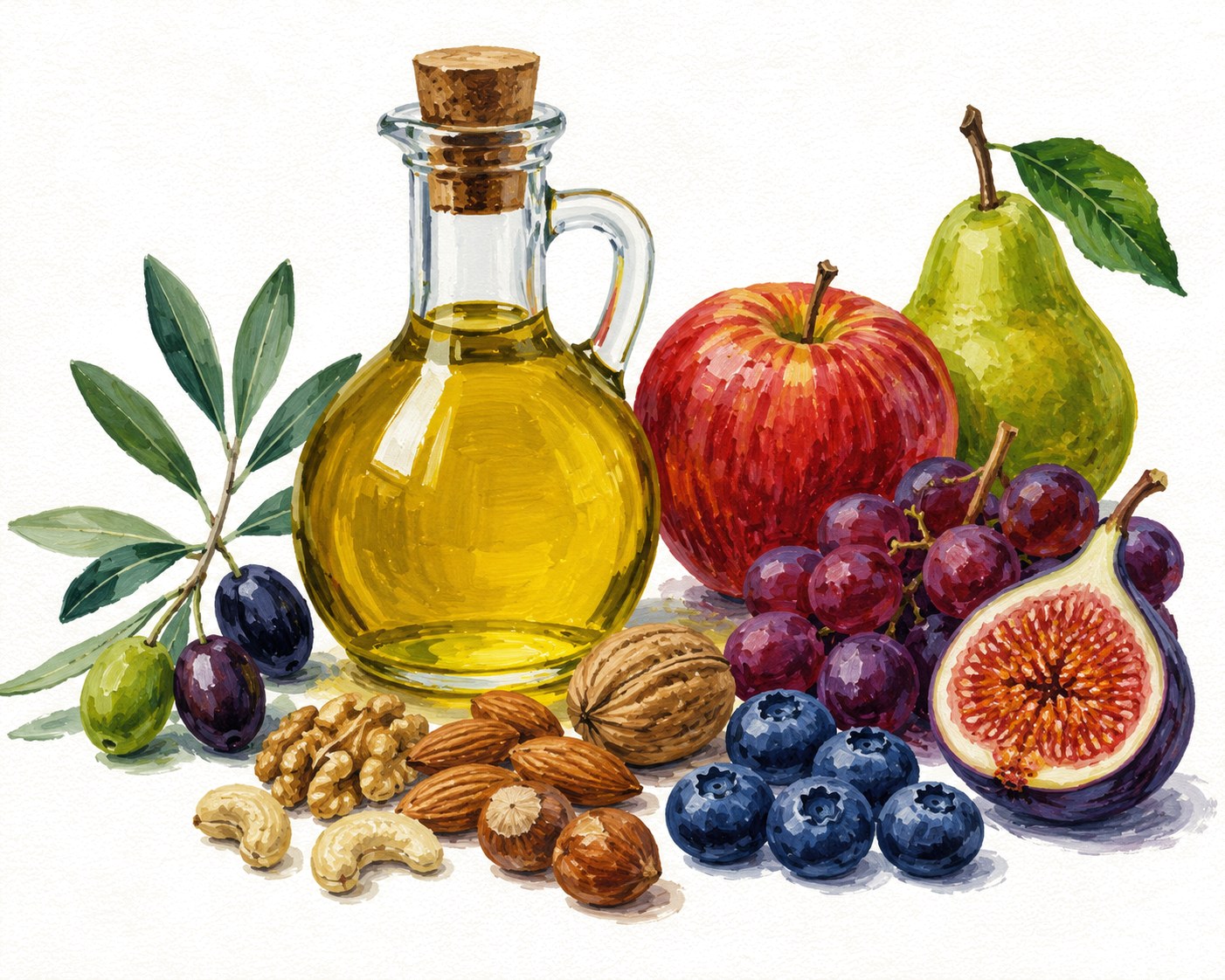 Watercolour illustration of fruits, nuts, and olive oil: the components most strongly associated with the Mediterranean diet's survival benefit