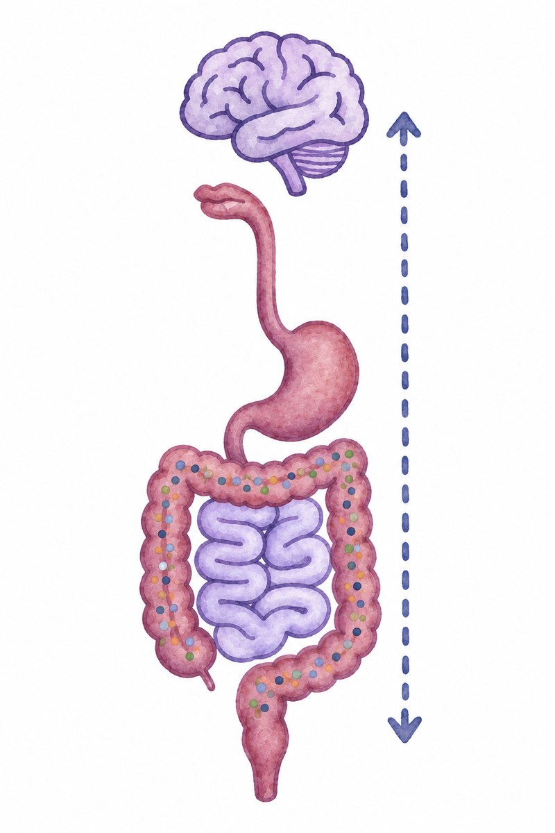 Watercolour illustration of the digestive tract from mouth to rectum, with the brain above and a dashed double-headed arrow showing signals travelling in both directions