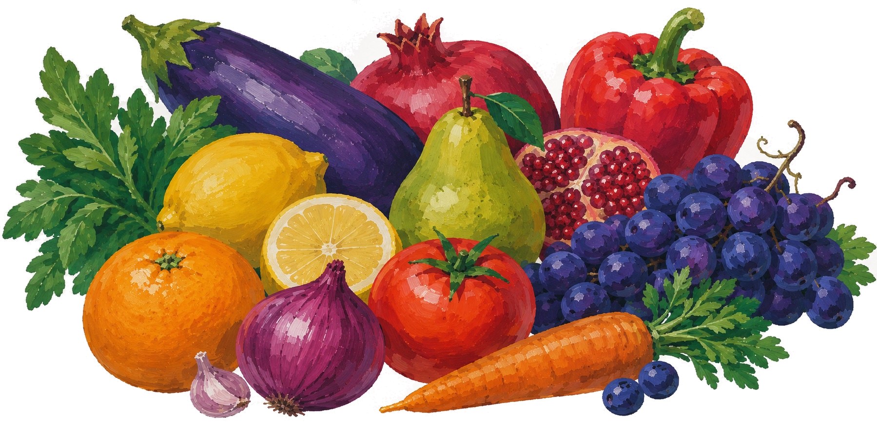 A colourful arrangement of phytochemical-rich fruits and vegetables, including pomegranate, eggplant, red pepper, grapes, and citrus