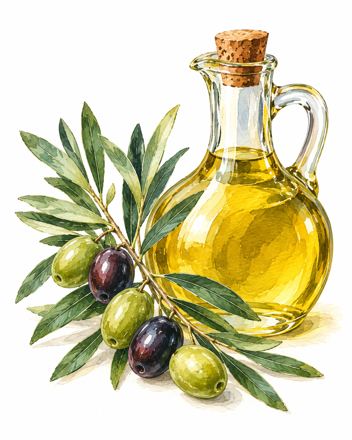 Watercolour illustration of a glass jug of golden olive oil beside a sprig of olive leaves with green and black olives