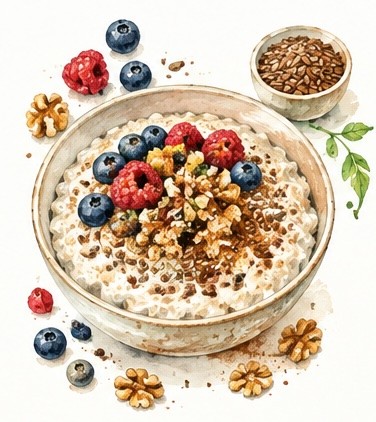 Watercolour illustration of porridge topped with blueberries, raspberries, walnuts and flaxseed