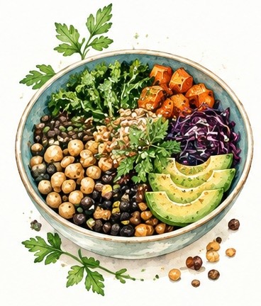 Watercolour illustration of a bowl of chickpeas and lentils with kale, sweet potato, red cabbage and avocado