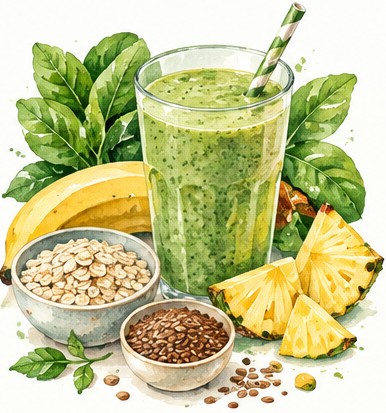 Watercolour illustration of a green spinach smoothie with banana, pineapple, oats and flaxseed