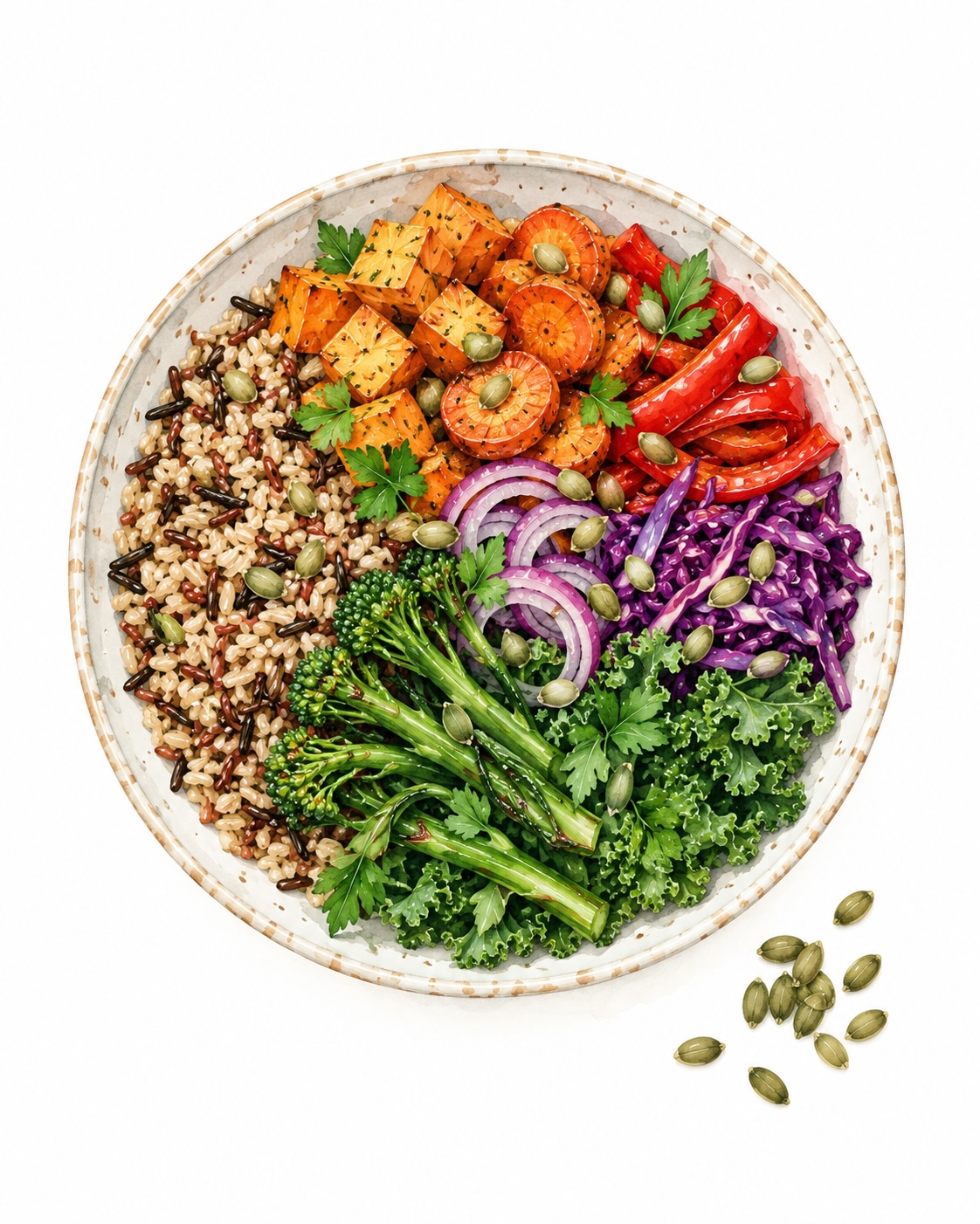 Watercolour illustration of a colourful plant-based plate