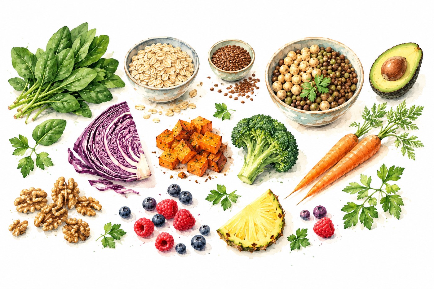 Watercolour illustration of fresh plant ingredients including spinach, oats, flaxseed, chickpeas and lentils, avocado, red cabbage, sweet potato, broccoli, carrots, walnuts, berries and pineapple