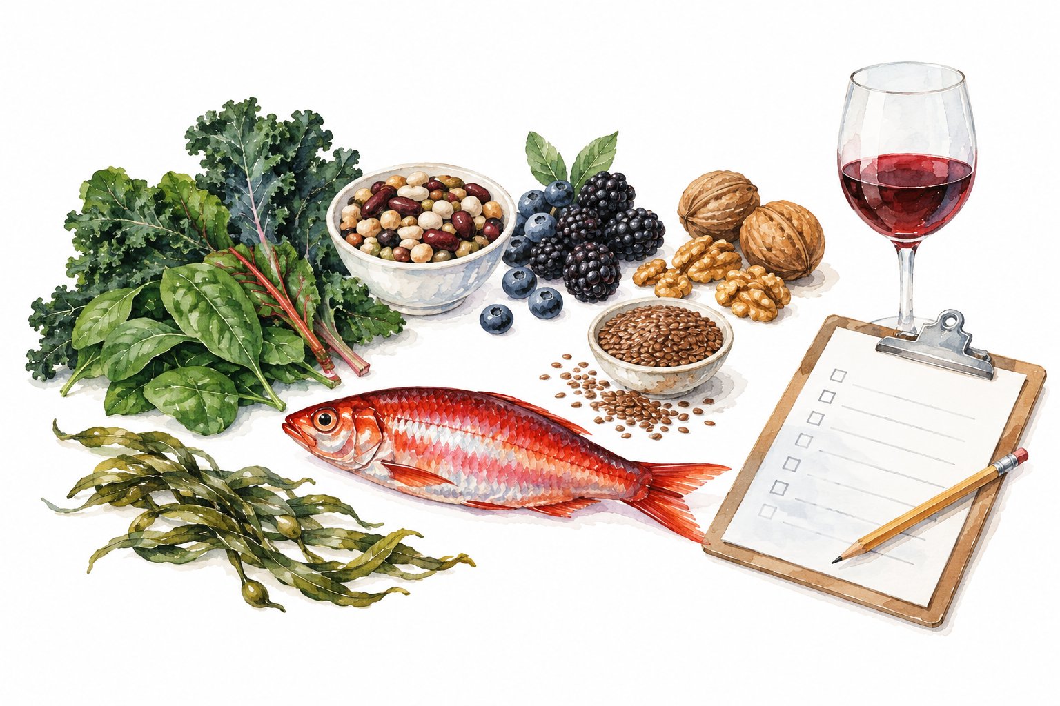 Watercolour illustration of a red herring beside leafy greens, beans, berries, walnuts, flaxseed and seaweed, with a glass of red wine and a blank diet questionnaire on a clipboard