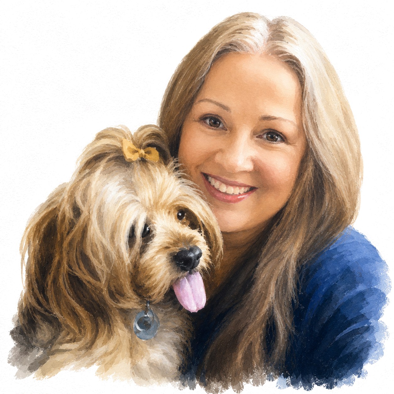 Watercolour portrait of Vicki and Beau, a Yorkshire Terrier and credited artist on PLNT-001