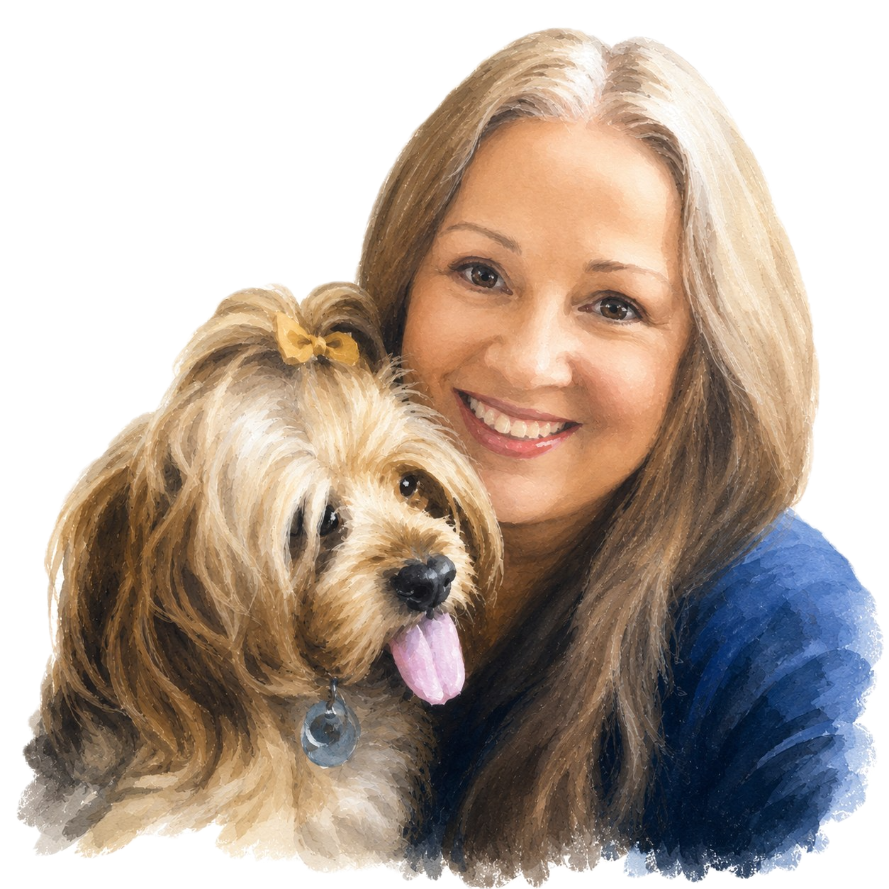 Watercolour portrait of Vicki and Beau, a Yorkshire Terrier and credited artist